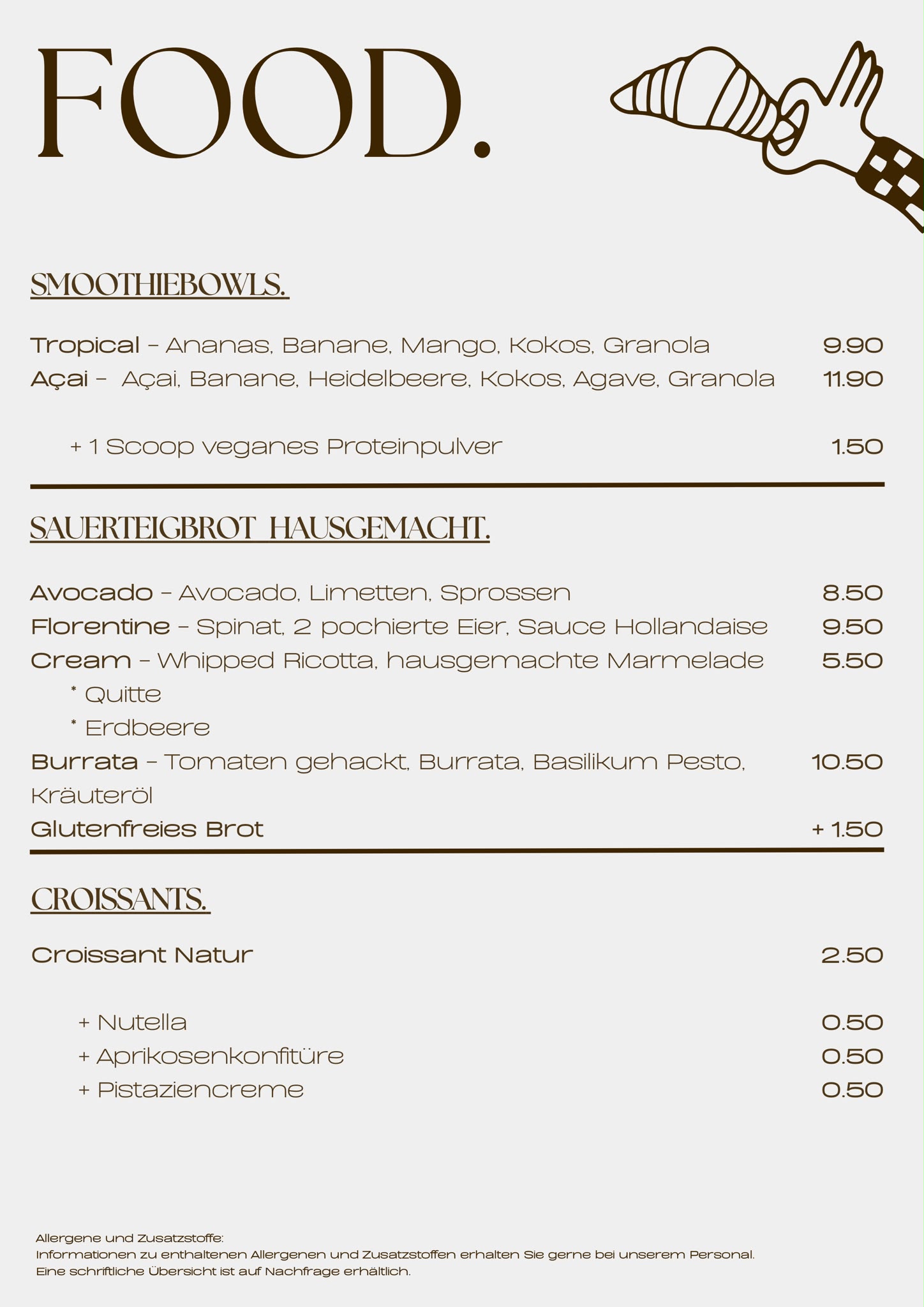 Speisekarte: Smoothiebowls, Sauerteigbrote und Croissants mit Preisen